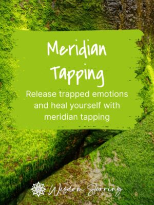 Green moss covers a rock wall. Overlaid text reads: "EFT Meridian Tapping. Release trapped emotions and heal yourself with this tapping method."