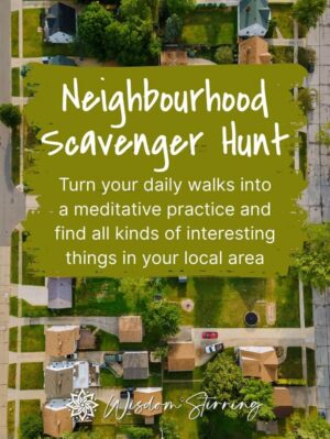 Aerial view of a suburban neighborhood with the text: Neighbourhood Scavenger Hunt. Turn your daily walks into a meditative practice and discover all kinds of interesting things in your local area.