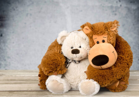 Two plush stuffed teddy bears, with the brown bear hugging the white bear, creating a cosy scene that invites you to feel safe in your body - perfect for moments when you need a gentle reminder to regulate your nervous system.